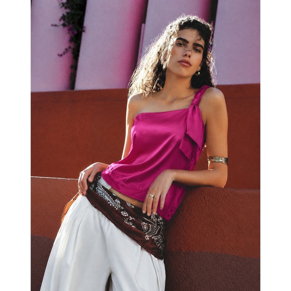 One Shoulder Bow‎ Satin Top Womens 8 Pink Silky Coquette Party Blouse Boho Chic